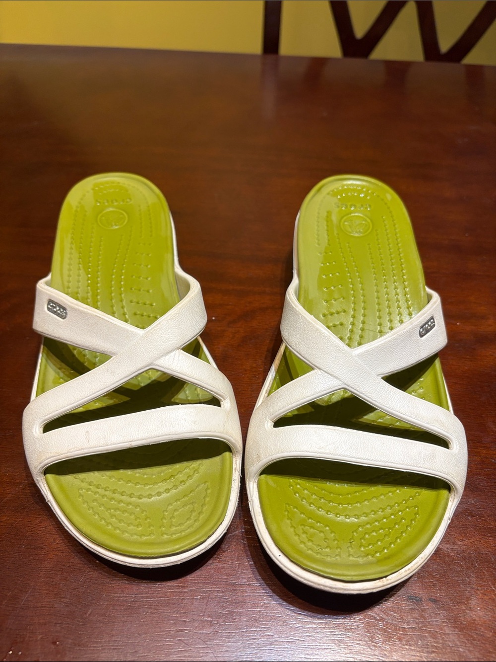 CROCS White Slide Sandals with Lime Green Footbed